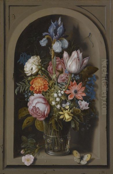A Still Life Of Flowers In A Glass Beaker Set In A Marble Niche - view 1