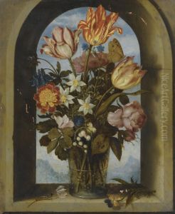 Still Life Of Tulips, Moss-roses, Lily-of-the-valley And Other Flowers In A Glass Beaker Set In An Arched Stone Window Opening, With A Distant Landscape Beyond