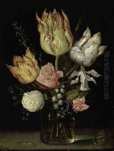Tulips, Roses, A Bluebell, Narcissus Tortuosis, Forget-me-nots,lily Of The Valley And Cyclamen In A Flask