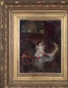 Jeune Mere Et Son Enfant Pres D'une Cheminee by Henri Rouart