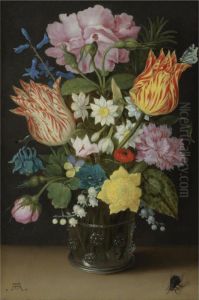 Still Life With Tulips, Roses, Narcissi And Other Flowers In A Glass Beaker