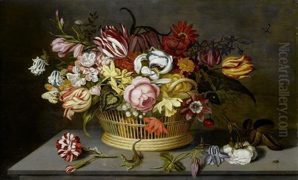 Still Life Of Flowers In A Woven Basket With Insects On A Table - view 1