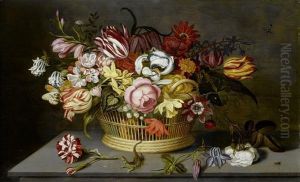 Still Life Of Flowers In A Woven Basket With Insects On A Table by Ambrosius the Younger Bosschaert
