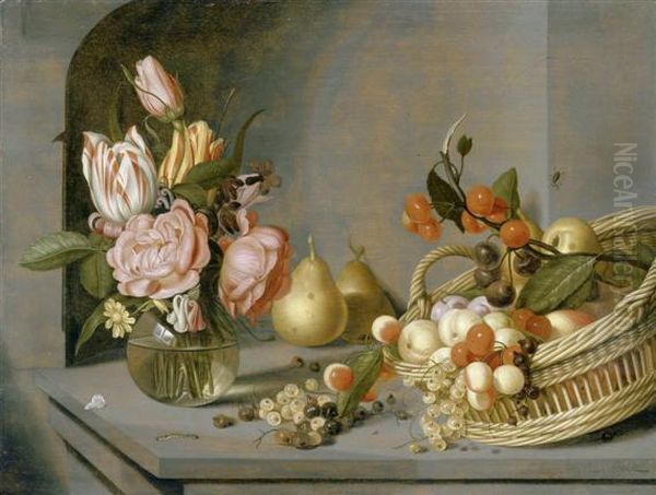 Still Life With Bouquet Of Flowers In A Vase And A Fruit Basket In A Niche - view 1