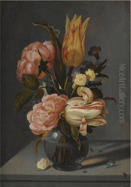 Still Life With Tulips, Roses, Marigolds And Other Flowers In Aglass Vase With A Ladybird And A Caterpillar, All On A Ledge by Ambrosius the Younger Bosschaert