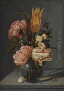Still Life With Tulips, Roses, Marigolds And Other Flowers In Aglass Vase With A Ladybird And A Caterpillar, All On A Ledge