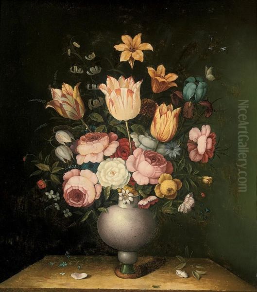 Parrot Tulips, Roses, Carnations, An Iris And Other Flowers In Avase On A Stone Ledge - view 1