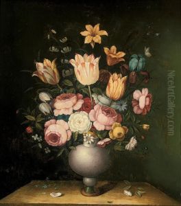 Parrot Tulips, Roses, Carnations, An Iris And Other Flowers In Avase On A Stone Ledge
