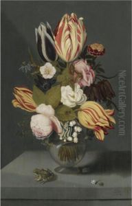 Still Life With Variegated Tulips, Pink And White Roses, A Marigoldfritillary, Columbine And Lily Of The Valley In A Globose Vase Witha Toad, All On A Ledge by Ambrosius the Younger Bosschaert