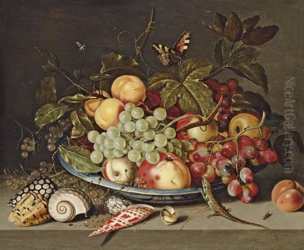 Peaches, Grapes, A Pear, And White Currants In A Wan-li Kraakporcelain Dish, With Shells, A Lizard And A Butterfly On Aledge - view 1