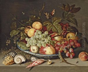 Peaches, Grapes, A Pear, And White Currants In A Wan-li Kraakporcelain Dish, With Shells, A Lizard And A Butterfly On Aledge by Ambrosius the Younger Bosschaert