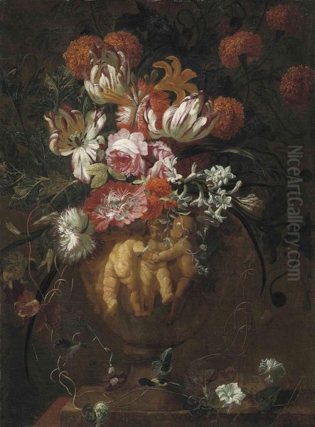 Ii Roses, Tulips And Other Flowers In A Sculpted Urn With Putti - view 1