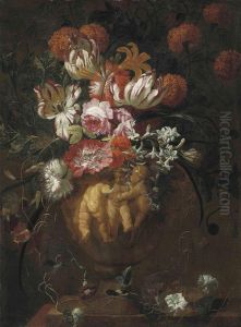 Ii Roses, Tulips And Other Flowers In A Sculpted Urn With Putti by Jan-baptist Bosschaert