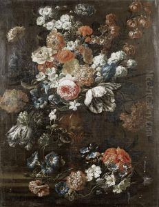 A Still Life Of Roses, Tulips, Convolvulus Andother Flowers In A Moulded Bronze Vase On A Stone Ledge