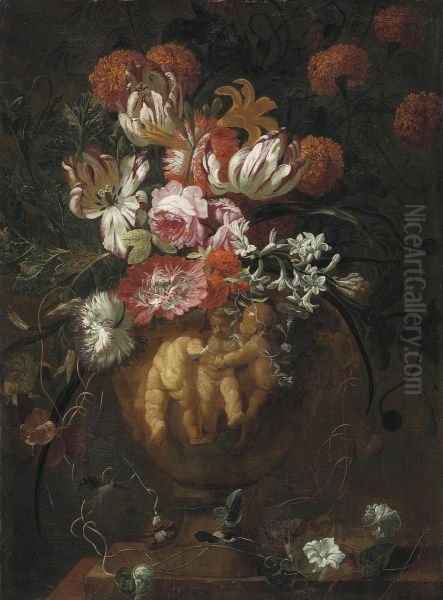 Roses, Tulips And Other Flowers In A Sculpted Urn With Putti Inrelief - view 1