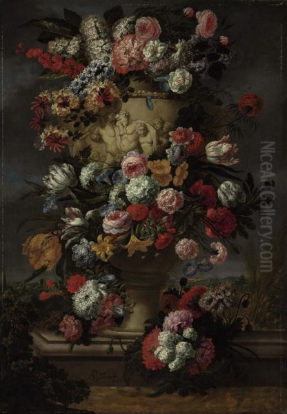 Flowers In A Sculpted Urn In A Landscape - view 1