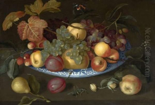 Nature Morte De Prunes, Pommes, Poires Et Cerises Dans Une Coupe De
Delft Posee Sur Une Table Et Entouree D'insectes - view 1