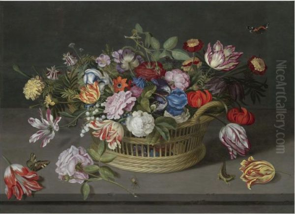 Still Life Of Flowers In A Basket On A Stone Ledge, Including Roses, Irises, Fritallary, Tulips, Lily Of The Valley, Columbine, French Marigold, Lily And Briar-rose, With Butterflies, A Queen Wasp And A Salamander - view 1