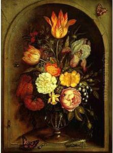 Nature Morte Au Vase De Fleurs Et Insectes Dans Une Niche