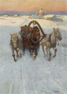 Horse-drawn Sleigh In The Snow by Franz Roubaud