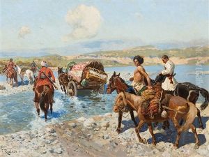 Circassian Horsemen Fording A River