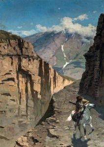 Oriental A Cheval Dans Un Paysage Montagneux by Franz Roubaud