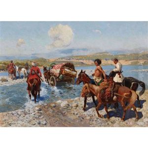Tscherkessische Reiter Bei Der Durchquerung Einer Furt by Franz Roubaud