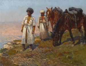 Zwei Tscherkessen Bei Ihren Pferden Auf Einer Anhohe Im Kaukasus by Franz Roubaud