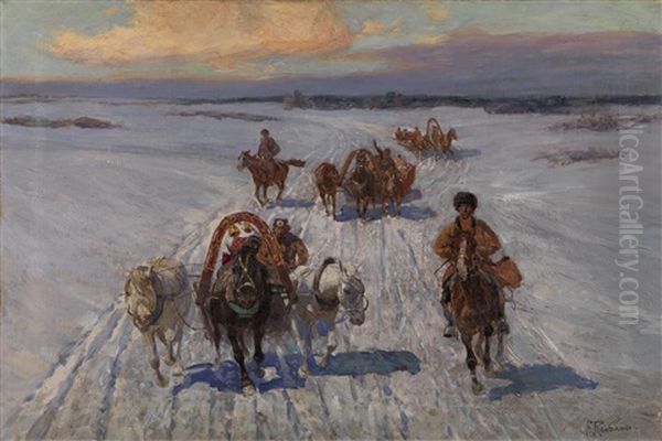 Peasants On Troikas In Winter - view 1