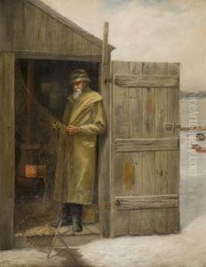 Winter Scene Of A Fisherman In A Wooden Shed