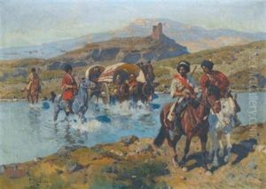Cossacks Crossing A Ford by Franz Roubaud