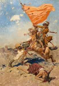 Kaukasischer Reiter Im Kampf Mit Russischem Soldaten by Franz Roubaud