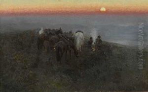 Kosakenlager Bei Untergehender Sonne by Franz Roubaud