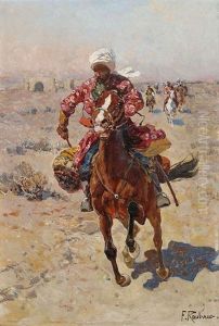 Tscherkessische Reiter In Steppenlandschaft by Franz Roubaud