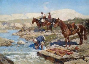Tscherkessische Reiter An Einem Fluss by Franz Roubaud