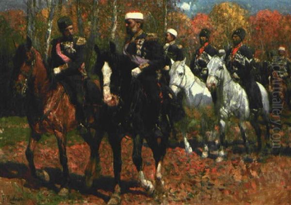 Zar Nikolaus Ii Und Grosfurst Nikolai Nikolajewitsch Romanow Bei Einem Ausritt Mit Gefolge - view 1
