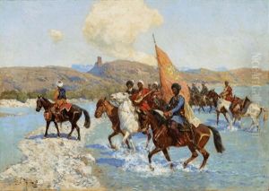 Tscherkessische Reiter Einen Fluss Uberquerend by Franz Roubaud