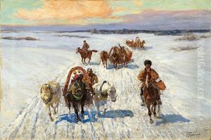 Tscherkessische Reiter Und Pferdefuhrwerke In Verschneiter Landschaft by Franz Roubaud