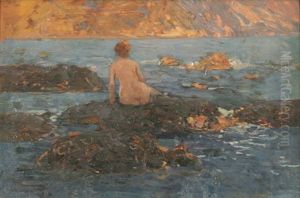 Badende - Auf Einem Felsen Sitzender Ruckenakt by Franz Roubaud