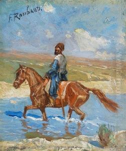 Tscherkesse Zu Pferd Den Fluss Kuban Durchquerend by Franz Roubaud