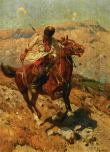 Kosak I Vildt Ridt Ned Af En Bjergskraning by Franz Roubaud