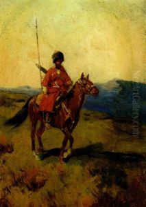 Tscherkessenreiter Im Roten Mantel Mit Fellmutze Und Lanze by Franz Roubaud
