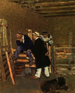 Russischer Gutsherr Und Zwei Landarbeiter Im Schafstall by Franz Roubaud