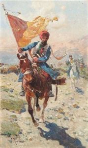 Fahnentragender Tscherkesse Zu Pferd Vor Gebirgslandschaft