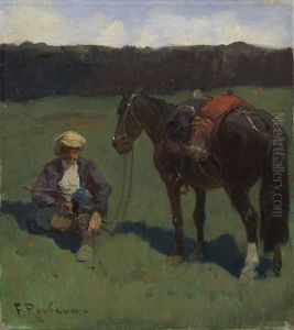 A Horseman Resting Next To His Steed by Franz Roubaud