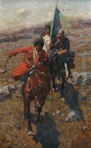 Drei Tscherkessen-reiter Im Galopp Vor Steppenlandschaft, Der Eine Das Banner Tragend