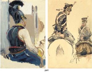 A Russian Cuirassier (+ Two Cavalry Officers, Ink And Watercolor On Card, Smaller; 2 Studies)