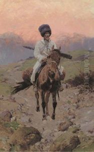 A Cossack On Horseback At Sunset by Franz Roubaud