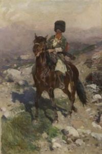 Kosake Zu Pferd In Gebirgslandschaft by Franz Roubaud
