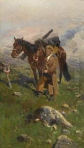 Kosake Mit Pferd In Andacht An Einem Grabkreuz